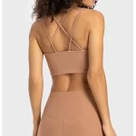 Ribbed Sports Bra in Loess Brown Cross Back Strappy Yoga Bra Pink (3)