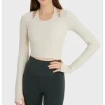 Langærmede gymnastikskjorter til kvinder med thumbleholes Slim Fit Halter Neck Tee Top (13)
