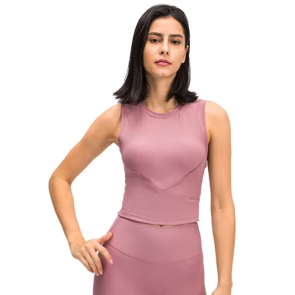 Womens Ribbed Workout Tank Crop Top Crew Neck Casual Gym Vest