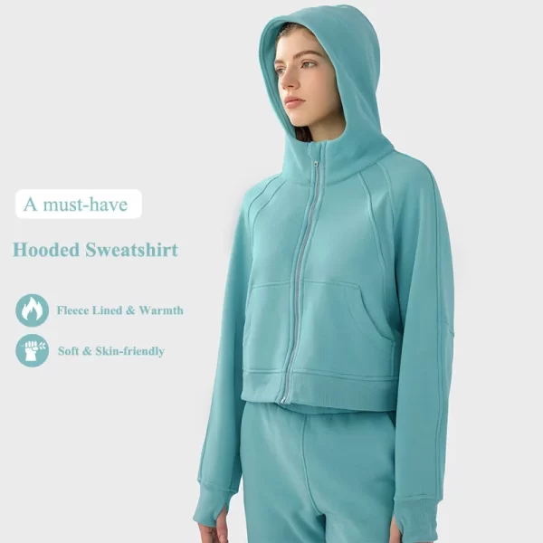 Sweat-shirts en molleton de coton pour femmes, fermeture éclair complète avec capuche et poches