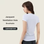 Wholesale Custom Women Round Neck Seamless Jacquard Short Sleeved Workout T-shirts Gym Top (14)