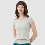 Wholesale Custom Women Round Neck Seamless Jacquard Short Sleeved Workout T-shirts Gym Top (4)