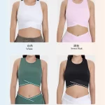 Wholesale Women’s High Neck Sleveless Workout Cropped Tank Tops Built-in Bra Sports Gym Shirts Fitness Wear (4)