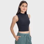 Kvinder Høj krave Ærmeløs Ribbet Elastic Sports Gym Tank Top (7)